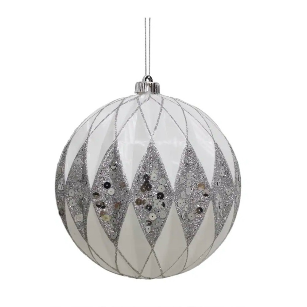 Qty 2 Ashland 8.5" white & silver glitter diamond ball jumbo ornament Decorative